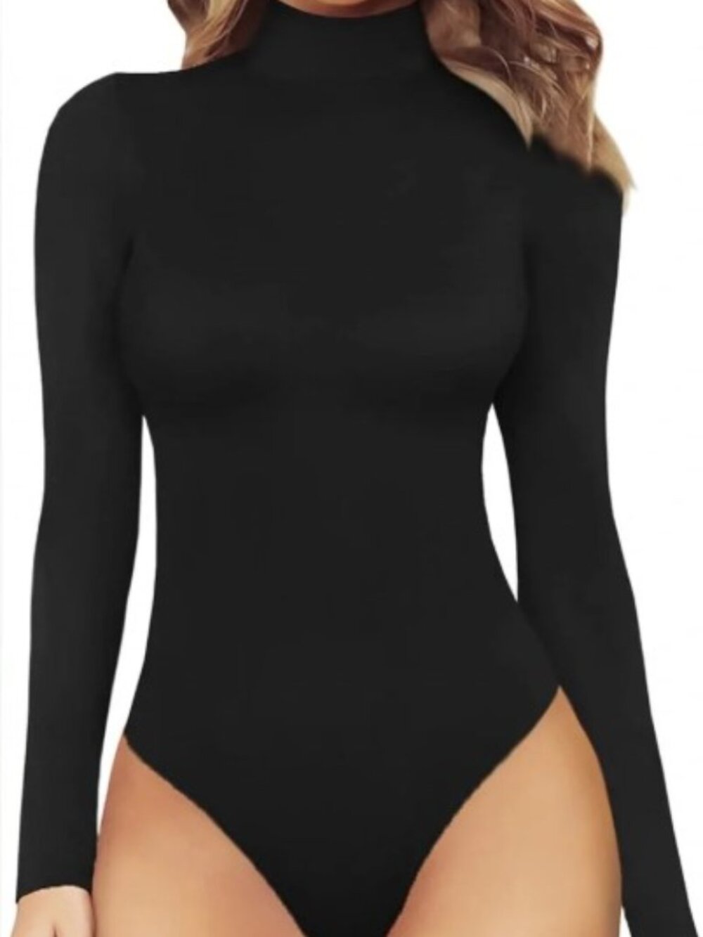 Mangopop Women's Mock Turtleneck Long Sleeve Black Bodysuit